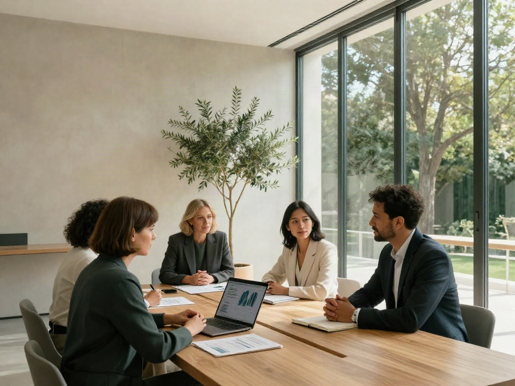 Consultants discussing business strategy around a walnut conference table in a light-filled office